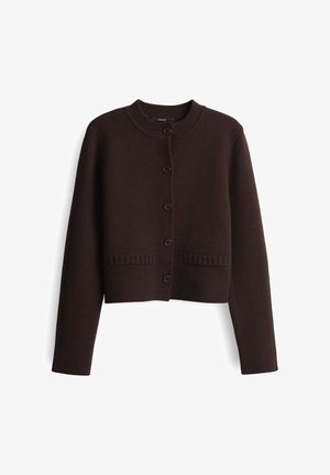 Dark brown knitted cardigan with round neckline, long sleeves, five front buttons, and two small ribbed pocket details.