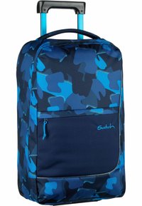 Blue patterned rolling suitcase made of fabric with a dark navy base. Features a retractable handle, a front pocket, and a brand logo.