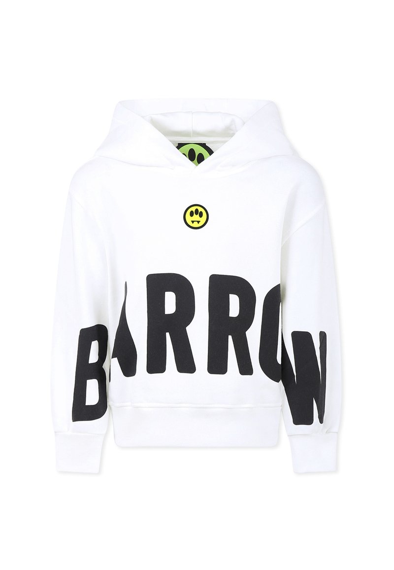 Felpa bianca con cappuccio, caratterizzata da grande scritta nera "BARROW", un piccolo sorriso giallo come accento e polsini a costina. Design semplice e casual.
