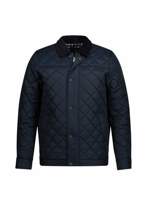 Giacca trapuntata blu navy con colletto in velluto a coste, dotata di zip e chiusura a bottoni a scatto, motivi a rombi e fodera interna a scacchi.