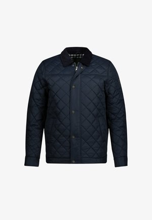 Marineblå quiltet jakke med en ribbede krave, der har lynlås og trykknaplukning, diamantmønstre og en ternet indvendig for.