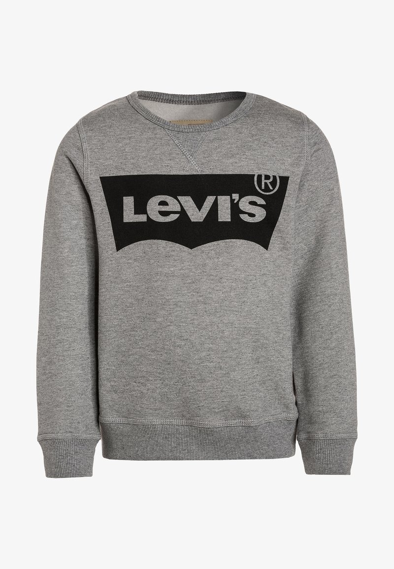 Sweat-shirt gris à manches longues avec col rond, poignets et ourlet côtelés, arborant un grand logo Levi's noir sur la poitrine.