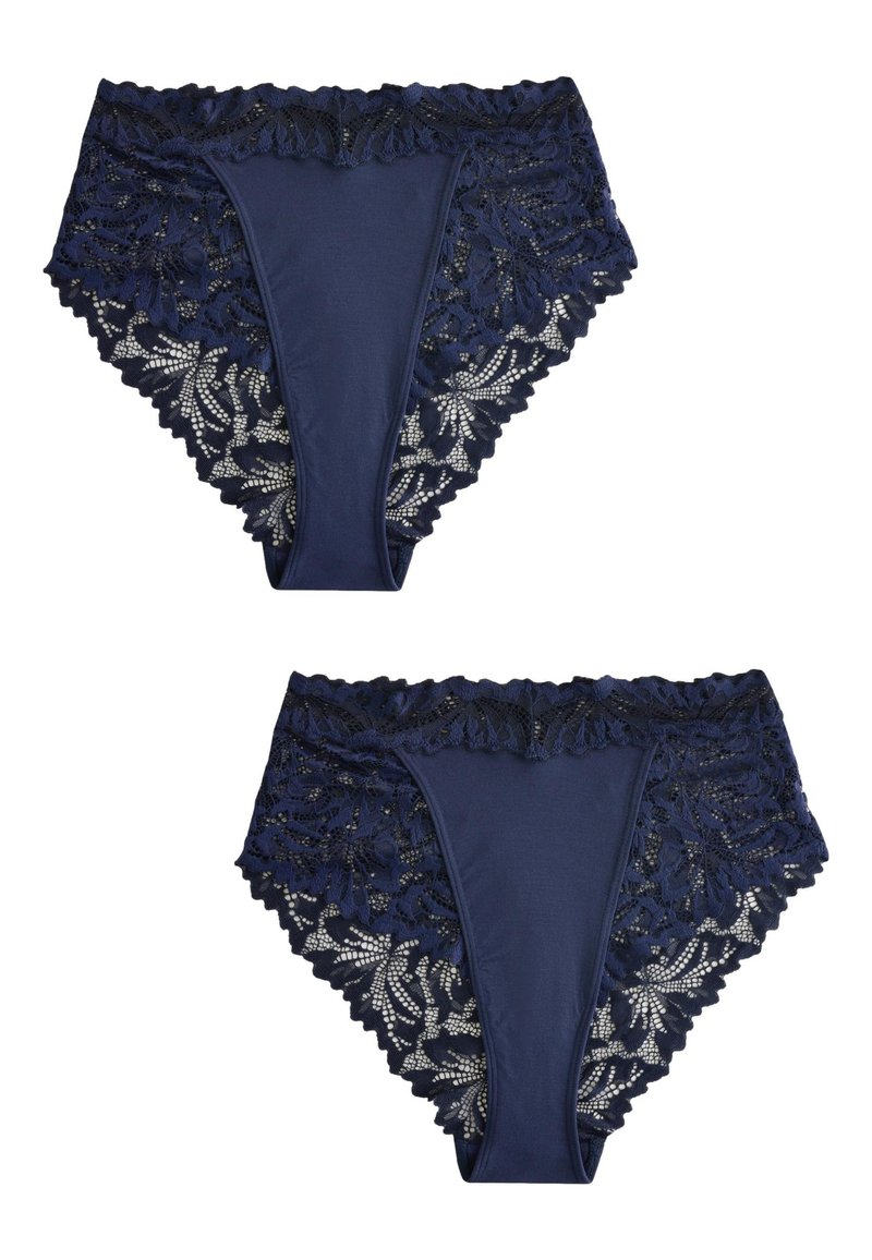 Biancheria intima da donna blu navy con dettagli in pizzo floreale lungo la parte superiore e i lati; tessuto liscio con design a vita alta.