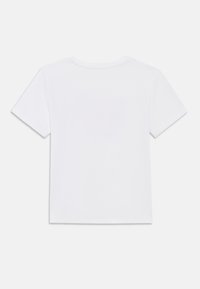 T-shirt blanc uni à manches courtes, posé à plat, vue de dos avec encolure ronde et couture simple.