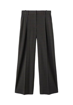 Donkergrijze wijde broek met een subtiel geruit patroon, voorplooien, riemlussen en zijzakken tegen een witte achtergrond.