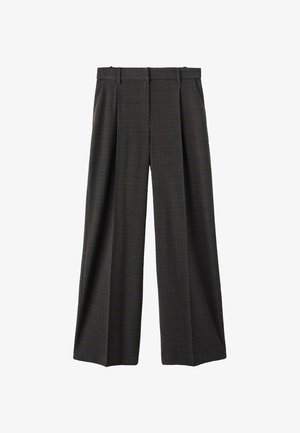 Pantalon large gris foncé avec un motif à carreaux subtil, plis devant, passants de ceinture et poches latérales sur fond blanc.