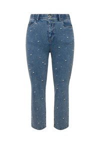 Denim jeans in light blue with a tapered fit. Features a stretchy waistband and pearl accents scattered across the fabric.