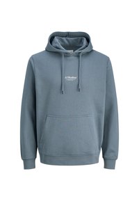 Hætte sweatshirt i dempet blå bomuldsblanding med en front kanguru lomme, ribbede manchetter og et hvidt logo på brystet.