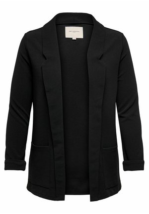 Blazer noir en tissu texturé, avec col à revers, ouverture devant, manches longues et deux poches latérales.
