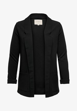 Sort blazer lavet af struktureret stof, med slagkrave, åben front, lange ærmer og to sidelommer.