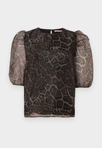 Gjennomsiktig bluse med puff-ermer i mørk brun og svart leopardmønster, rund halsutringing og spalte på baksiden.
