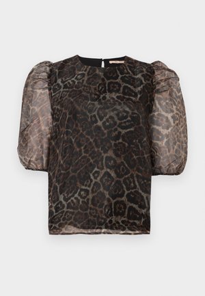 Prozirna bluzica s puff rukavima, smeškanim smeškanim tamnosmeškim i crnim leopard uzorkom, okrugli izrez i detalj s ključnom rupom na leđima.