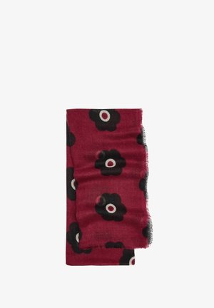 Złożony ciemnoczerwony szal z czarno-białymi okrągłymi kwiatowymi wzorami i frędzlami na krawędziach na białym tle.