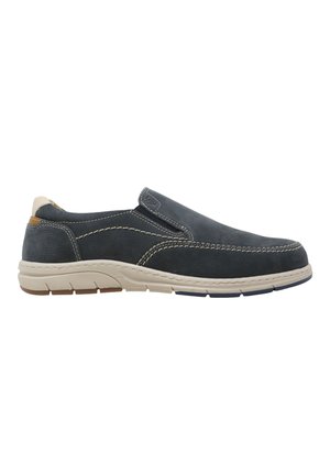Scarpa da uomo casual blu navy slip-on con cuciture bianche, suola imbottita beige e linguetta posteriore color cuoio.