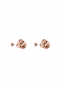 Roze gouden studoorbellen met een geknoopt ontwerp, gladde oppervlakken en ronde vormen. De stelen hebben een standaard sluiting.