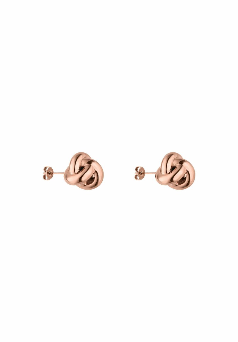 Roze gouden studoorbellen met een geknoopt ontwerp, gladde oppervlakken en ronde vormen. De stelen hebben een standaard sluiting.