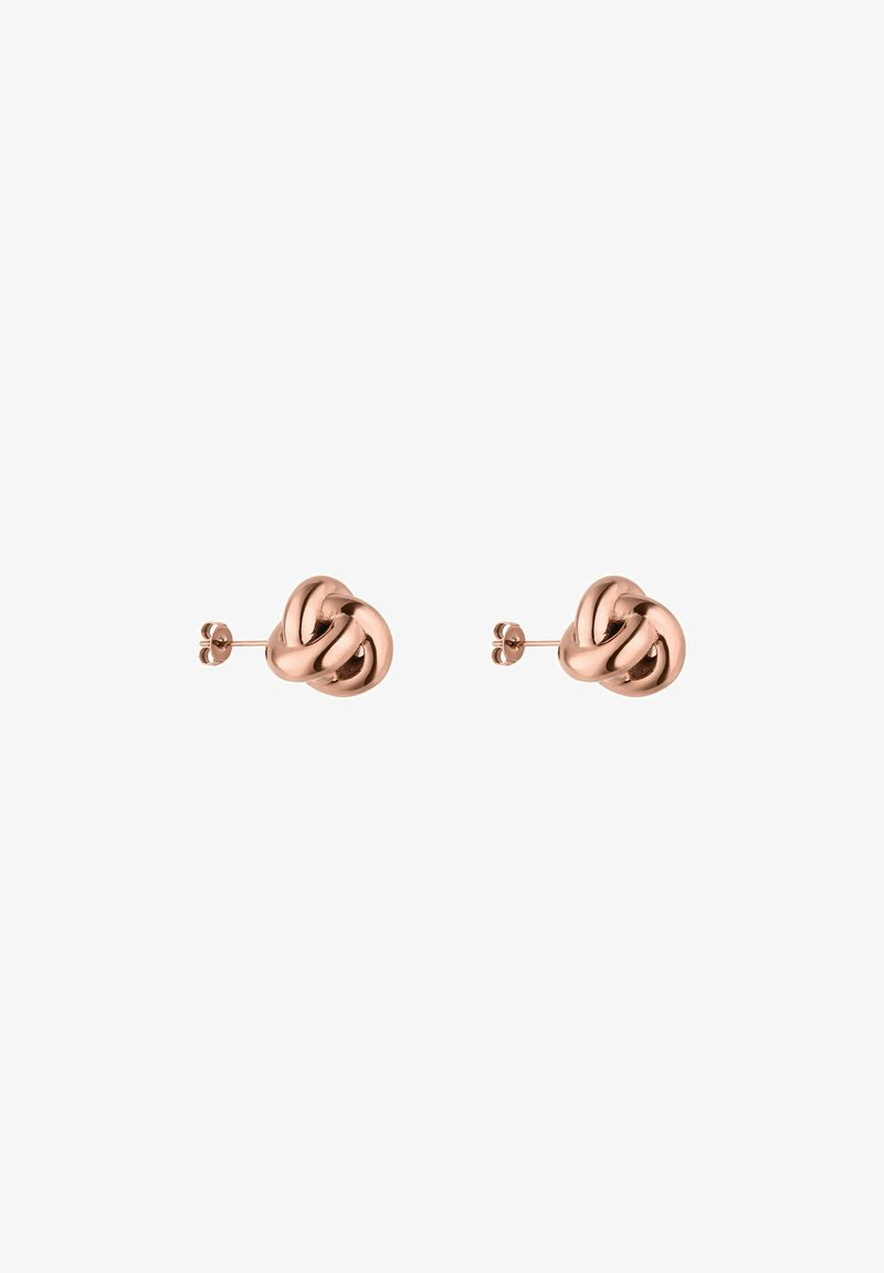 Roze gouden studoorbellen met een geknoopt ontwerp, gladde oppervlakken en ronde vormen. De stelen hebben een standaard sluiting.