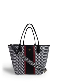 Torba na ramię z geometrycznym wzorem w kolorach czarnym, białym i szarym, z czerwono-czarnymi pionowymi paskami, podwójnymi uchwytami i odczepianym paskiem na ramię.