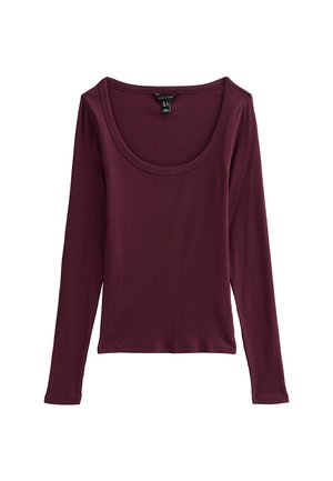 Langdurige mouwtop in donker bordeaux ribfluweel met een brede ronde halslijn en een aansluitend ontwerp. Glad textuur en rechte zoom.