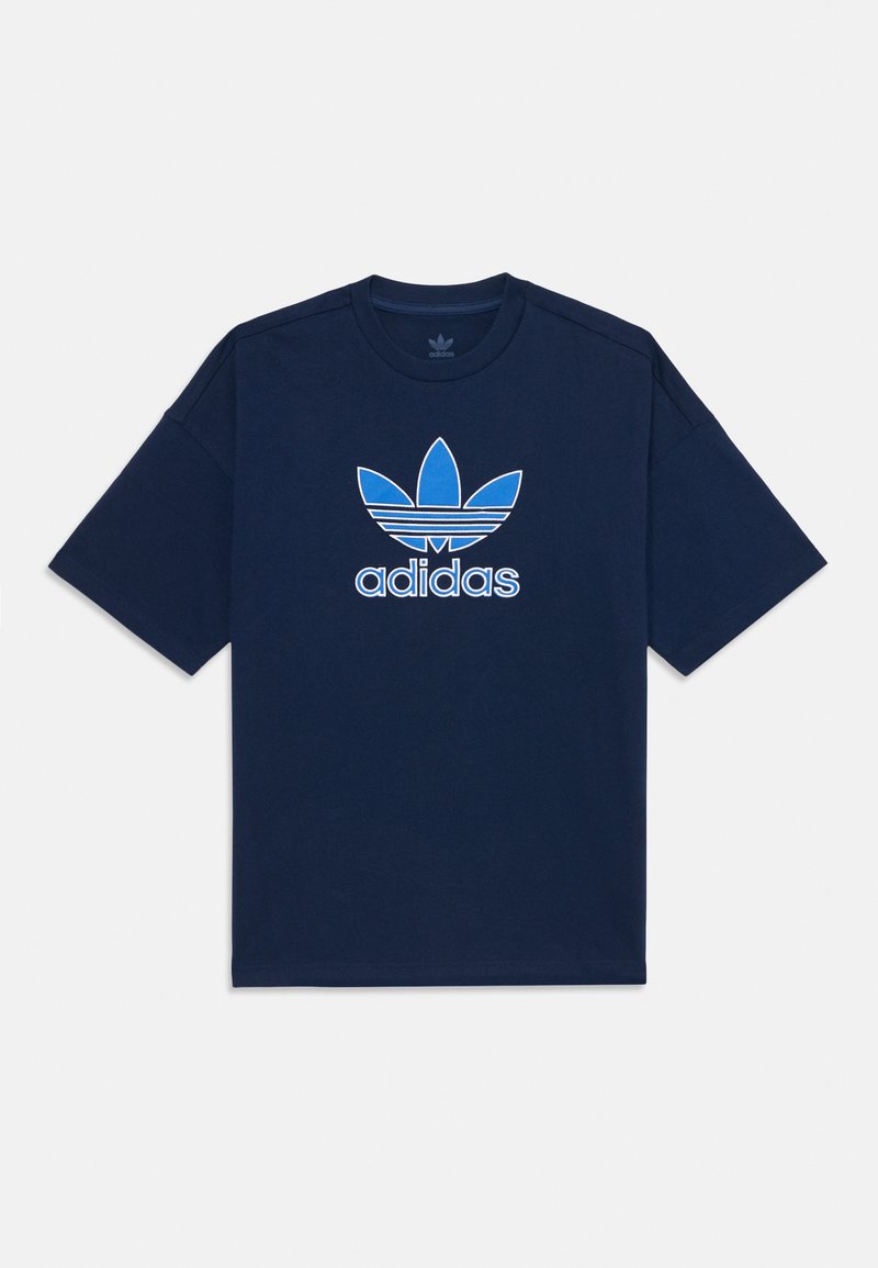 T-shirt de algodão azul marinho com um grande contorno azul do logótipo da Adidas e um design de três folhas impressos no peito. Mangas curtas.