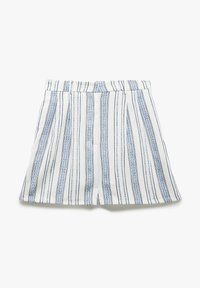 Witte broek met een patroon en blauwe verticale strepen, met plooien en een elastische tailleband voor comfort. Gemaakt van katoen met een gladde textuur.
