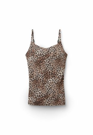 Tílko s leopardím potiskem bez rukávů, s tenkými nastavitelnými ramínky a přiléhavým střihem na bílém pozadí.