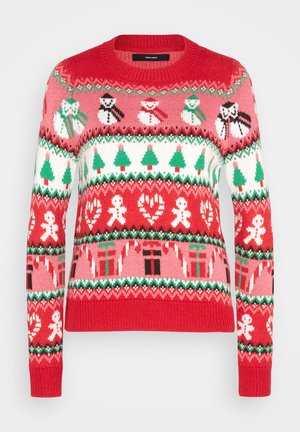 Pull de Noël rouge à col rond, avec des motifs de bonhommes de neige, d'arbres de Noël, de bonhommes en pain d'épice et de cadeaux en blanc, vert et rose.
