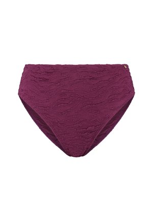 Bikinihose mit hoher Taille in tiefem Burgunderrot mit strukturiertem Wellenmuster. Aus dehnbarem Stoff gefertigt, mit glattem Futter innen.