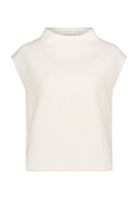 Biała, teksturowana bluzka z wysokim dekoltem i krótkimi rękawami. Miękka tkanina o luźnym kroju, z delikatnym, puchatym wzorem na całej powierzchni.