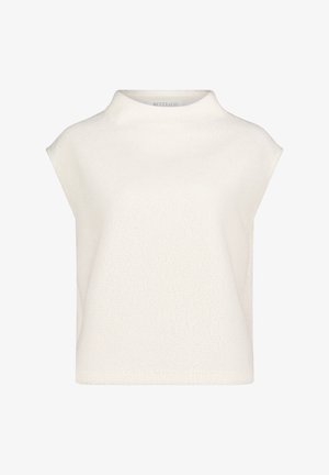 Witte, gestructureerde top met een hoge halslijn en korte mouwen. Zachte stof met een ontspannen pasvorm, voorzien van een subtiel pluizig patroon overal.