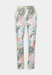 Pantalones con estampado de flores que presentan una mezcla de hojas verdes, rosas, azules y amarillas. Cintura elástica con cordón ajustable para un ajuste personalizable.