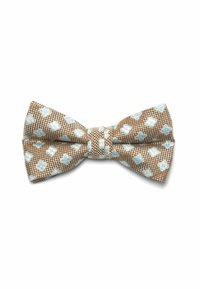 Brown patterned bow tie featuring light blue floral designs, textured fabric, and a classic design with a central knot.