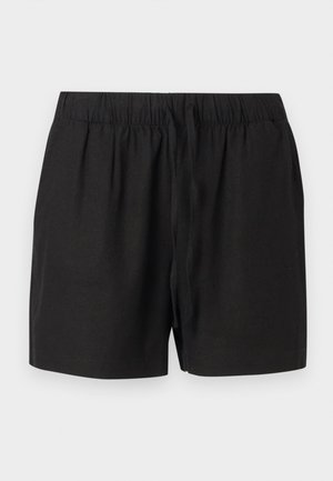 Shorts noirs décontractés avec taille élastique et cordon devant, fabriqués en tissu léger, présentés sur un fond neutre.