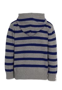 Stripet hættejakke i grå og marineblå. Har en hætte, lange ærmer og ribbet kant. Stoffet er blødt og struktureret.