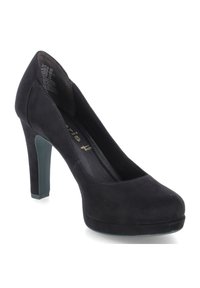 Chaussure à talon haut en daim noir avec un bout arrondi, un avant à plateforme et un accent turquoise sur le talon. Texture lisse et design élégant.