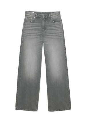 Weit geschnittene graue Denim-Jeans mit leicht abgeriebenem Design, Fünf-Taschen-Design und klassischem Knopf- und Reißverschluss.