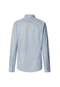 Lichtblauwe gestreepte langemouwen shirt met een button-down kraag en knoopmanchetten. Glad katoenen stof met een subtiele textuur. Achteraanzicht getoond.
