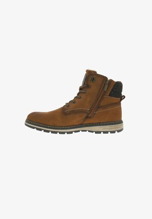 Bottines en cuir marron avec un laçage et une fermeture zippée sur le côté, semelle plus claire contrastante, col en feutre et détails de couture.