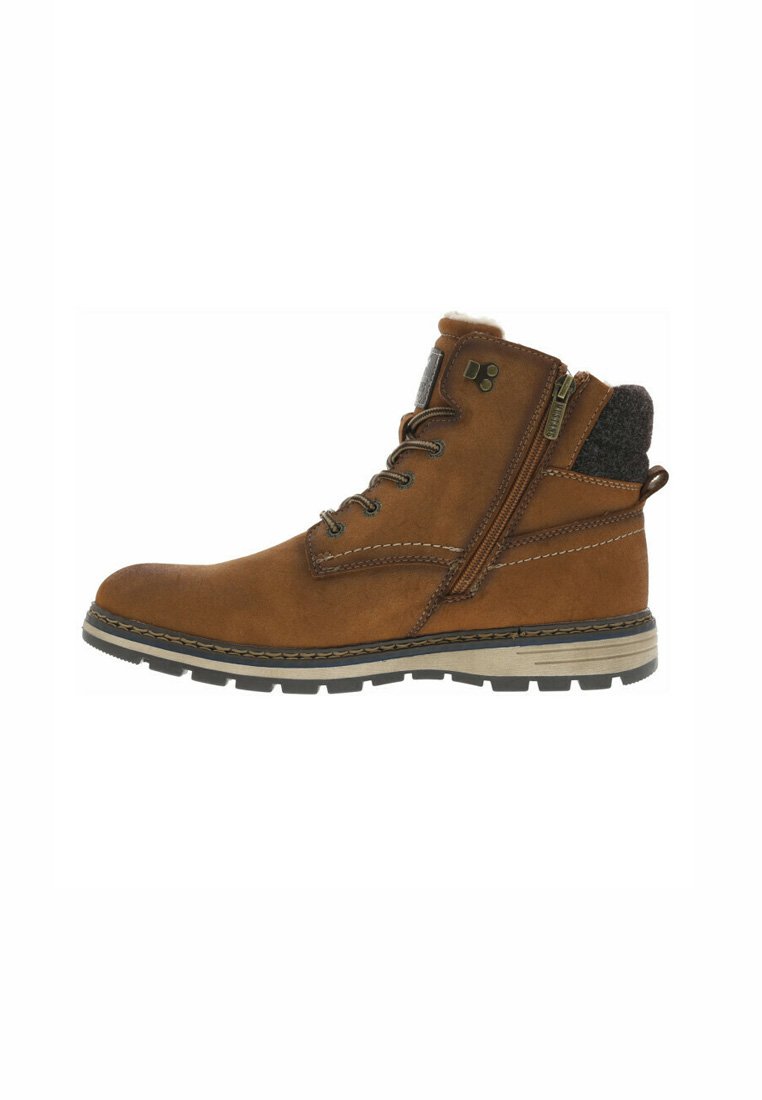 Bottines en cuir marron avec un laçage et une fermeture zippée sur le côté, semelle plus claire contrastante, col en feutre et détails de couture.