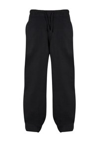 Czarne dresy wykonane z miękkiego materiału, z elastycznym paskiem w talii ze sznurkiem, bocznymi kieszeniami i zwężanymi mankietami przy kostkach.