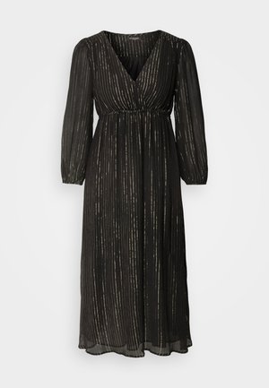 Black maxi dress with long sleeves, V-neck, and elastic waist, featuring vertical gold stripes on a sheer textured fabric.
