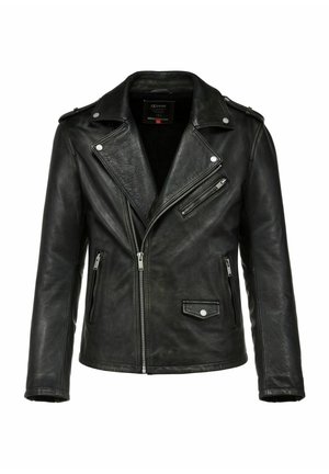 Czarna skórzana kurtka motocyklowa z wciętym kołnierzem, asymetrycznym zapięciem na suwak, dwoma bocznymi kieszeniami na zamek oraz guzikami zatrzaskowymi.