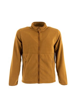 Chaqueta de forro polar marrón con cremallera frontal completa, cuello alto, mangas largas y dos bolsillos laterales con cremallera, mostrada sobre un fondo blanco liso.