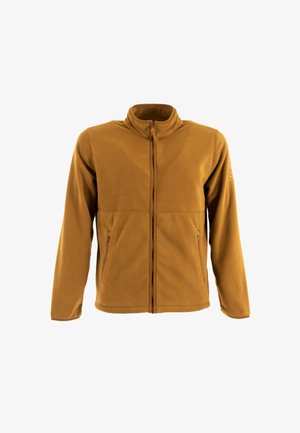 Chaqueta de forro polar marrón con cremallera frontal completa, cuello alto, mangas largas y dos bolsillos laterales con cremallera, mostrada sobre un fondo blanco liso.