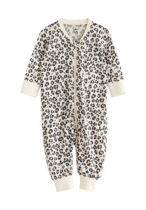 Jumpsuit à imprimé léopard en crème, avec des manches longues, un zip à l'avant et des poignets et chevilles élastiqués. Fabriqué en tissu doux et extensible.