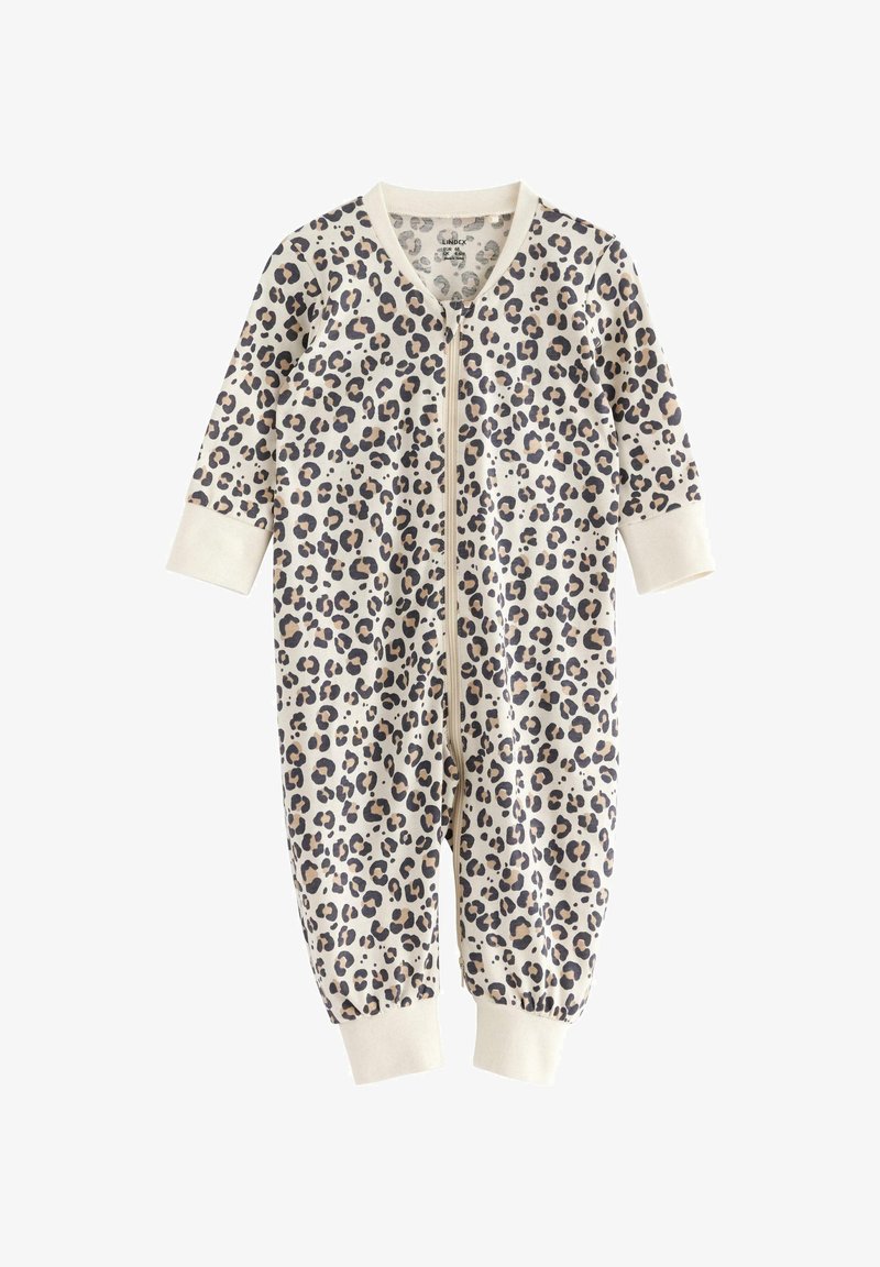 Crèmekleurige jumpsuit met luipaardprint, voorzien van lange mouwen, een ritssluiting aan de voorkant en elastische manchetten en enkels. Gemaakt van een zachte, rekbare stof.
