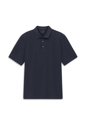 Marineblaues kurzärmeliges Poloshirt mit einer Drei-Knopf-Leiste und klassischem Kragen, aus unifarbenem, strukturiertem Stoff.