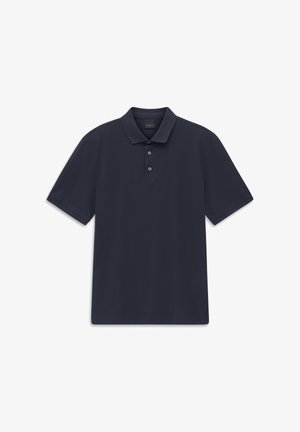 Navy blue short-sleeve polo shirt with a three-button placket and a classic collar, plain textured fabric.