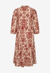 Patterned dress featuring an earthy red design on a cream background, with long sleeves, a collar, and a flared, tiered skirt.