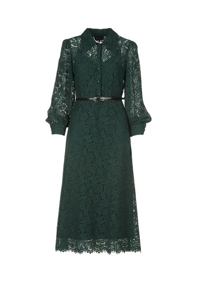 Rochie din dantelă verde închis, cu guler, mâneci lungi și bufante, și talie evidențiată de o curea. Tivul este zimțat, accentuând textura dantelei.